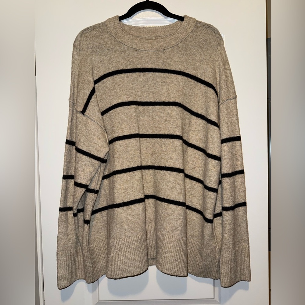 Aerie Woman’s Tan and Black Striped Crewneck Sweater